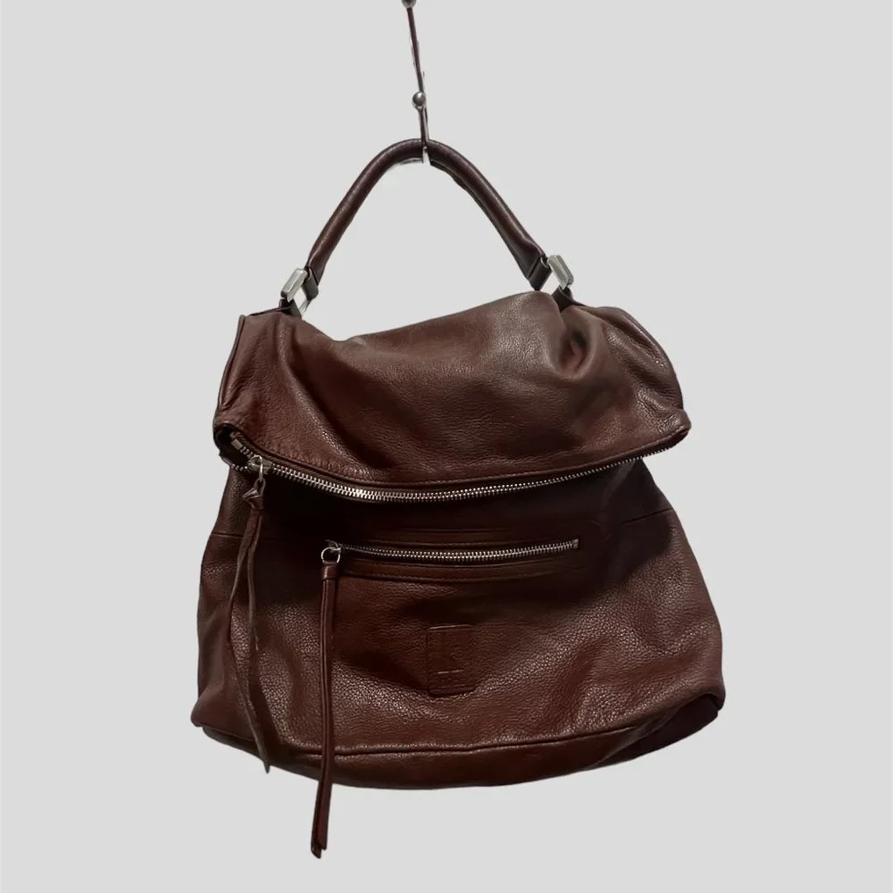 Kooba Hobo Brown Pebbled Leather Slouchy Fold Over Shoulder Bag